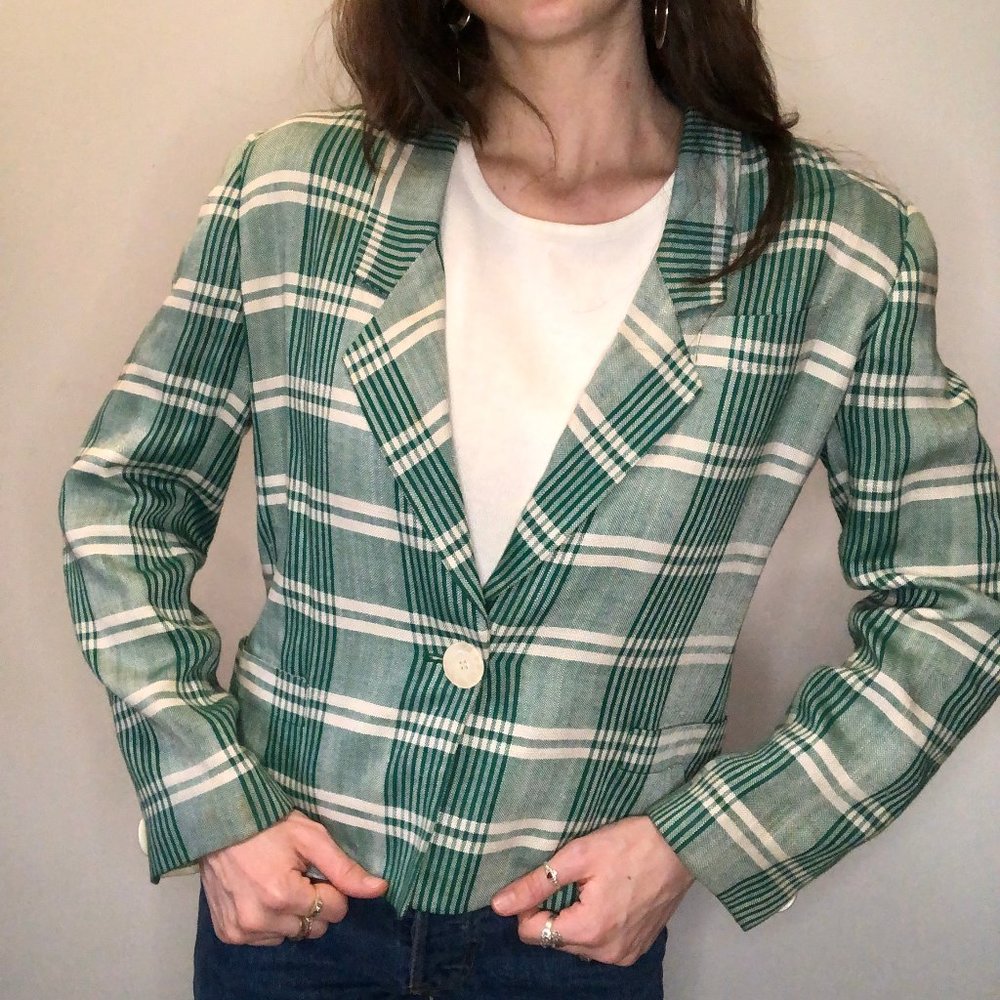 1980s Vintage Green Plaid Cropped Blazer